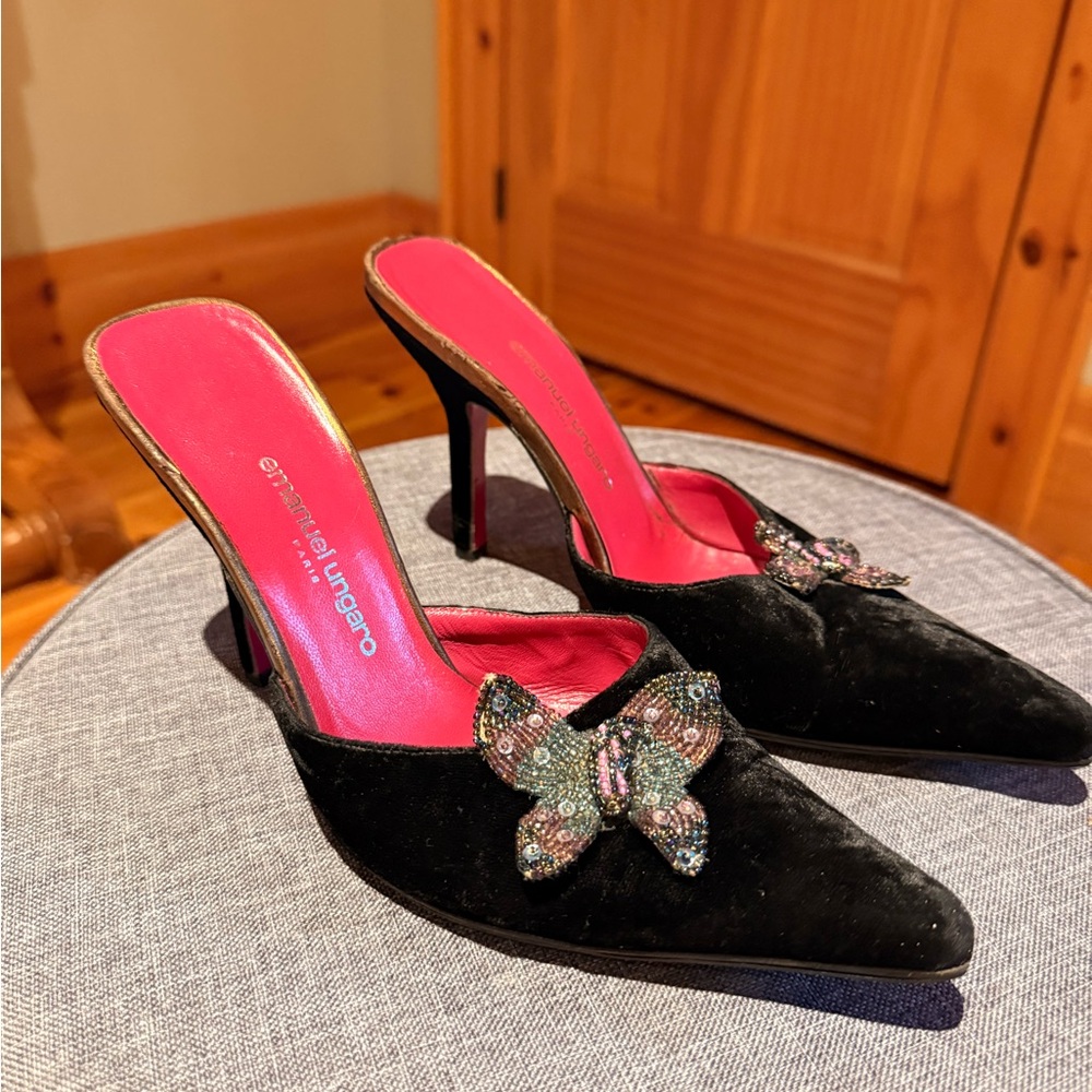 Emanuel Ungaro Black Heels with Embellished Butterfly